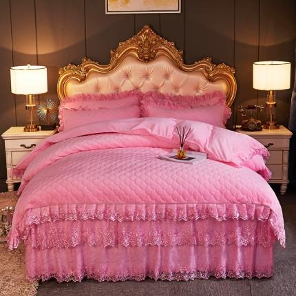 恒爱2021新款水晶绒夹棉床裙款翩翩花舞系列四件套 公主粉