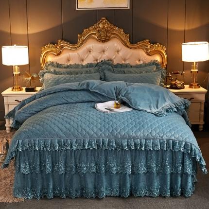 恒爱2021新款水晶绒夹棉床裙款翩翩花舞系列四件套 孔雀绿