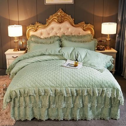 恒爱2021新款水晶绒夹棉床裙款翩翩花舞系列四件套 抹茶绿