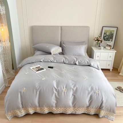 91家纺网 家纺一手货源 找家纺 柚子 2021新款高端100支澳棉贡缎刺绣四件套 思慕-灰