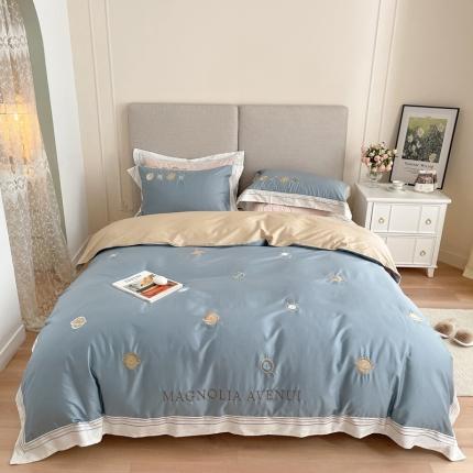 91家纺网 家纺一手货源 找家纺 柚子 2021新款高端100支澳棉贡缎刺绣四件套 星游记-蓝