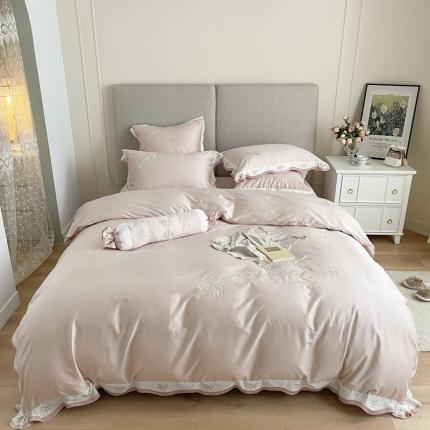 91家纺网 家纺一手货源 找家纺 柚子 2021新款高端100支澳棉贡缎刺绣四件套 樱柠-粉