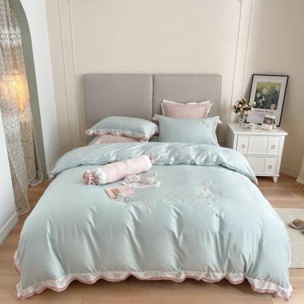 91家纺网 家纺一手货源 找家纺 柚子2021新款高端100支澳棉贡缎刺绣四件套 樱柠-星冰绿