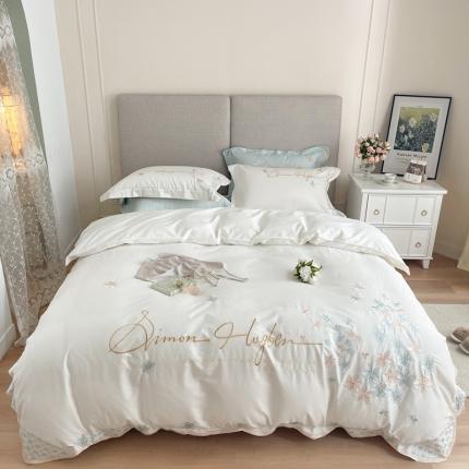 91家纺网 家纺一手货源 找家纺 柚子2021新款高端100支澳棉贡缎刺绣四件套 月夜迷迭-白