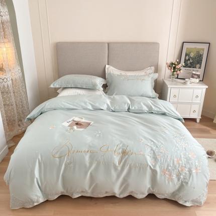 91家纺网 家纺一手货源 找家纺 柚子2021新款高端100支澳棉贡缎刺绣四件套月夜迷迭星冰绿