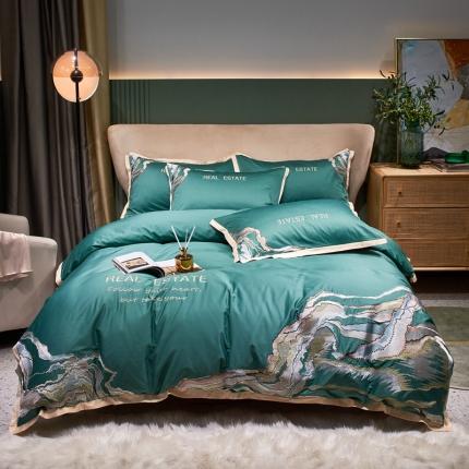 91家纺网 家纺一手货源 找家纺 星尚 2021新款秋冬100支长绒棉四件套-大理石纹 墨绿