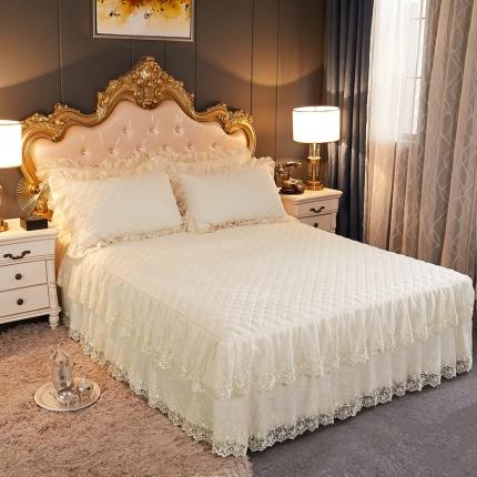 91家纺网 家纺一手货源 找家纺 恒爱 2021新款水晶绒夹棉刺绣单床裙 翩翩花舞-米白色