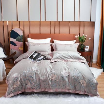 91家纺网 家纺一手货源 找家纺 星尚 2021新款秋冬100支长绒棉四件套-花园秘境 灰色