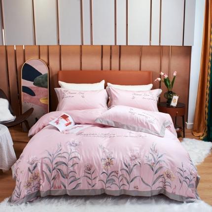 星尚 2021新款秋冬100支长绒棉四件套-花园秘境 粉色