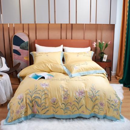 星尚 2021新款秋冬100支长绒棉四件套-花园秘境 黄色