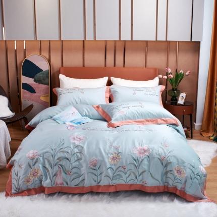 星尚 2021新款秋冬100支长绒棉四件套-花园秘境 天蓝