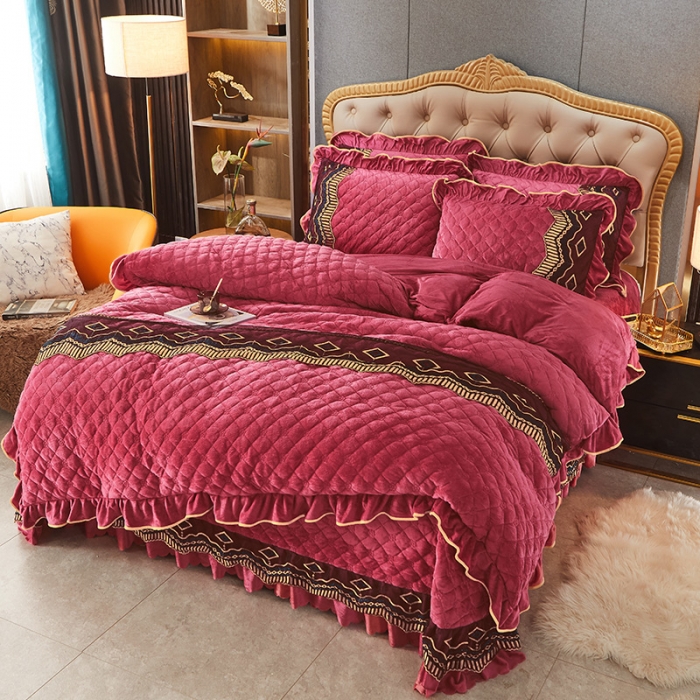 91家纺网 家纺一手货源 找家纺 情恒2025新款皇朝盛世系列全夹棉床盖款四件套 豆沙色