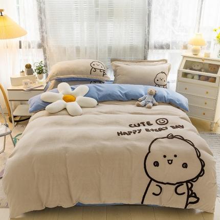 91家纺网 家纺一手货源 找家纺 朵希曼 2023新款牛奶绒毛巾绣四件套 恐龙宝贝-浅驼