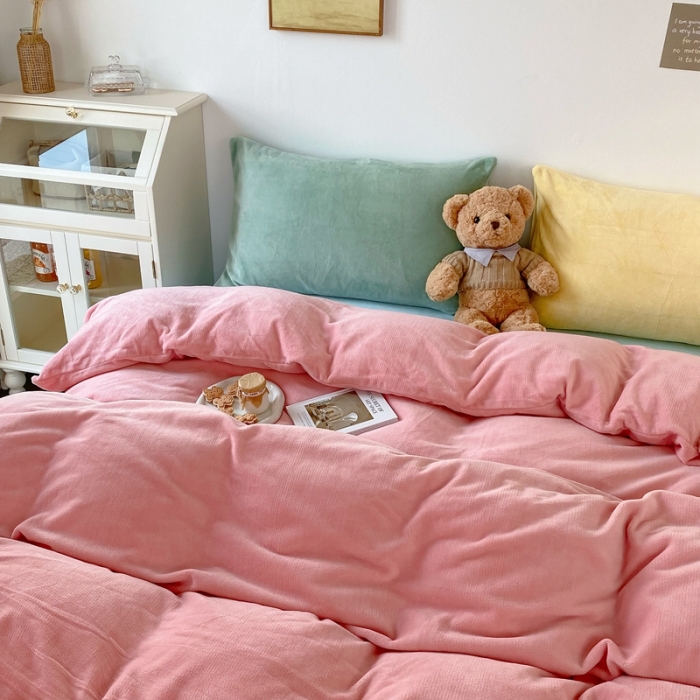 91家纺网 家纺一手货源 找家纺 星期八 2021新款马卡龙牛奶绒四件套 粉-蓝