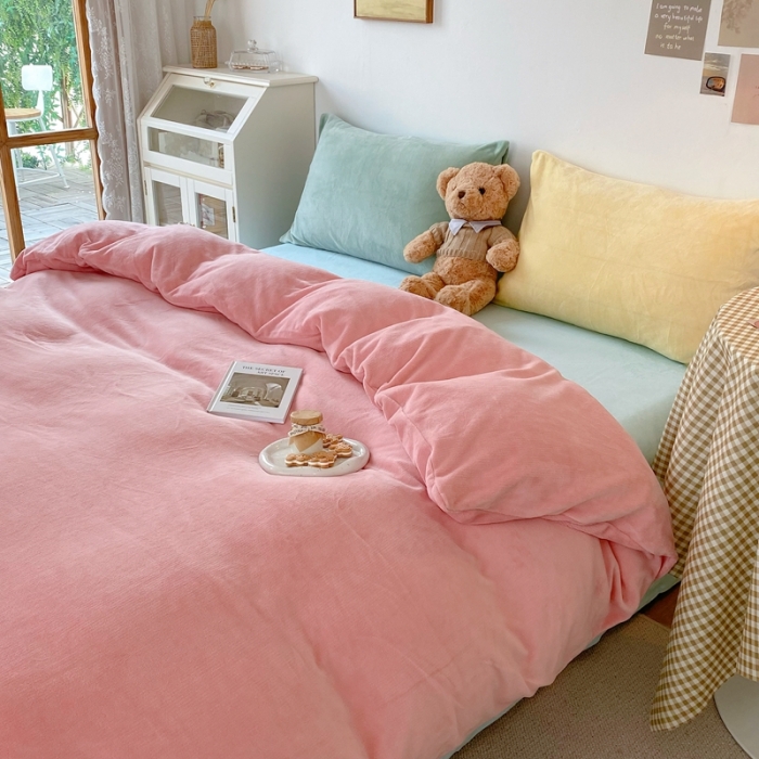 91家纺网 家纺一手货源 找家纺 星期八 2021新款马卡龙牛奶绒四件套 粉-蓝