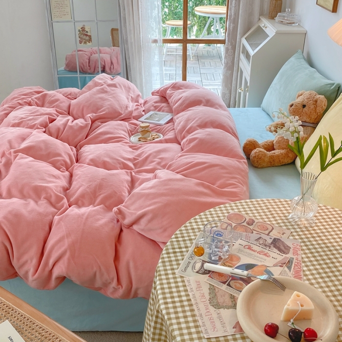 91家纺网 家纺一手货源 找家纺 星期八 2021新款马卡龙牛奶绒四件套 粉-蓝