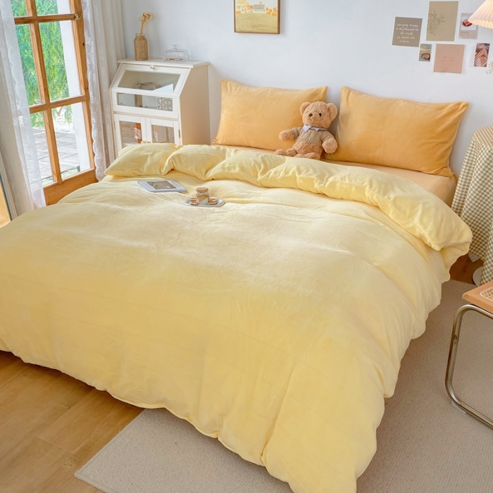 91家纺网 家纺一手货源 找家纺 星期八 2021新款马卡龙牛奶绒四件套 黄-姜黄
