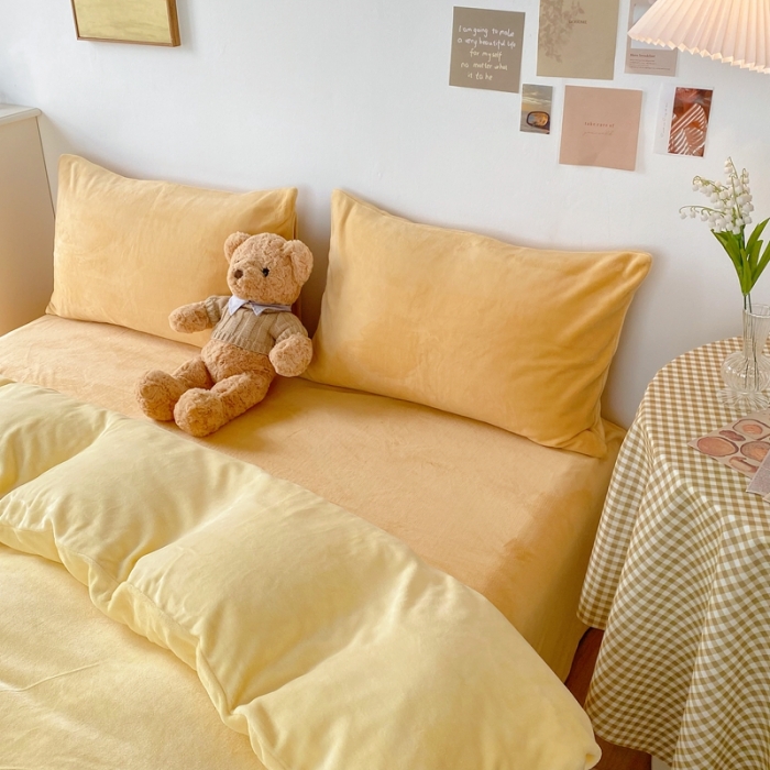 91家纺网 家纺一手货源 找家纺 星期八 2021新款马卡龙牛奶绒四件套 黄-姜黄