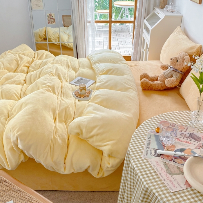 91家纺网 家纺一手货源 找家纺 星期八 2021新款马卡龙牛奶绒四件套 黄-姜黄