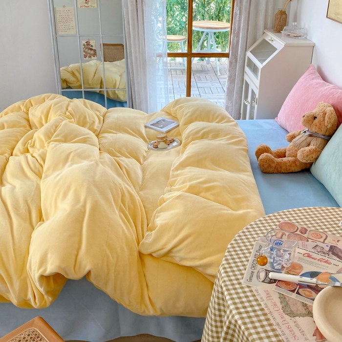 91家纺网 家纺一手货源 找家纺 星期八 2021新款马卡龙牛奶绒四件套 黄-蓝