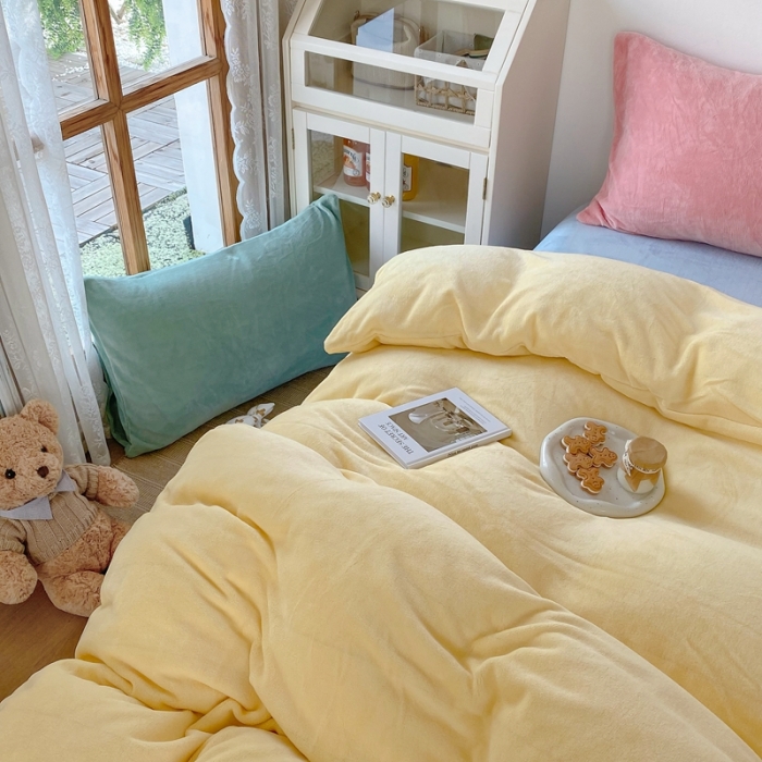 91家纺网 家纺一手货源 找家纺 星期八 2021新款马卡龙牛奶绒四件套 黄-蓝