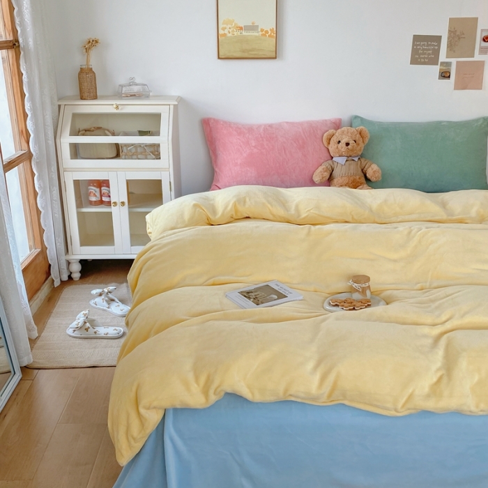 91家纺网 家纺一手货源 找家纺 星期八 2021新款马卡龙牛奶绒四件套 黄-蓝