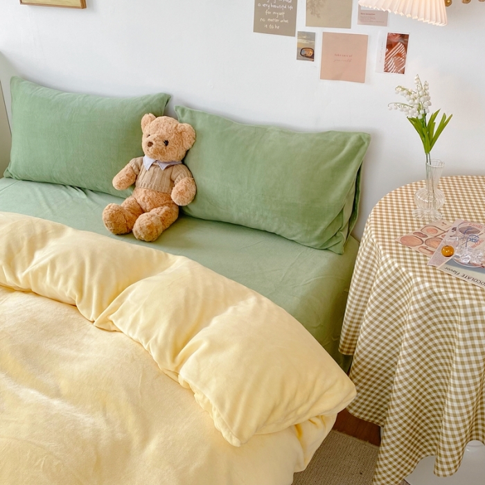 91家纺网 家纺一手货源 找家纺 星期八 2021新款马卡龙牛奶绒四件套 黄-绿