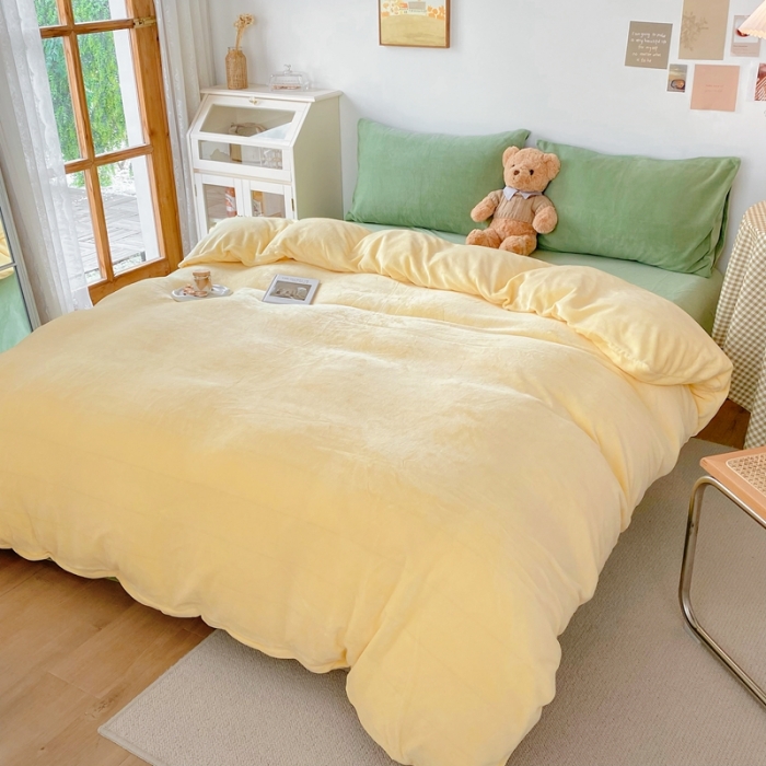 91家纺网 家纺一手货源 找家纺 星期八 2021新款马卡龙牛奶绒四件套 黄-绿