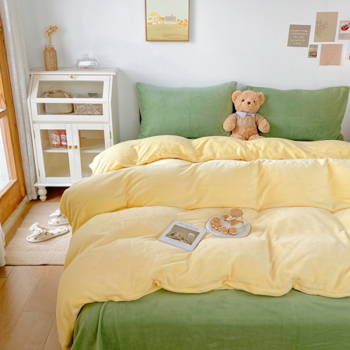 91家纺网 家纺一手货源 找家纺 星期八 2021新款马卡龙牛奶绒四件套 黄-绿