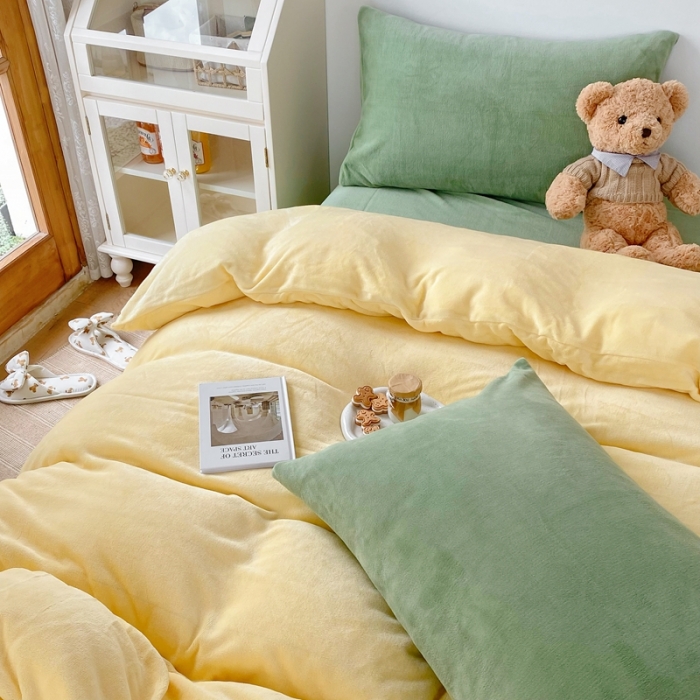 91家纺网 家纺一手货源 找家纺 星期八 2021新款马卡龙牛奶绒四件套 黄-绿