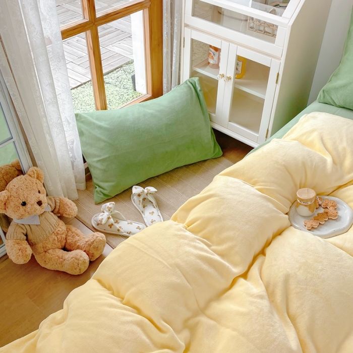 91家纺网 家纺一手货源 找家纺 星期八 2021新款马卡龙牛奶绒四件套 黄-绿