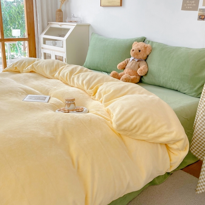 91家纺网 家纺一手货源 找家纺 星期八 2021新款马卡龙牛奶绒四件套 黄-绿