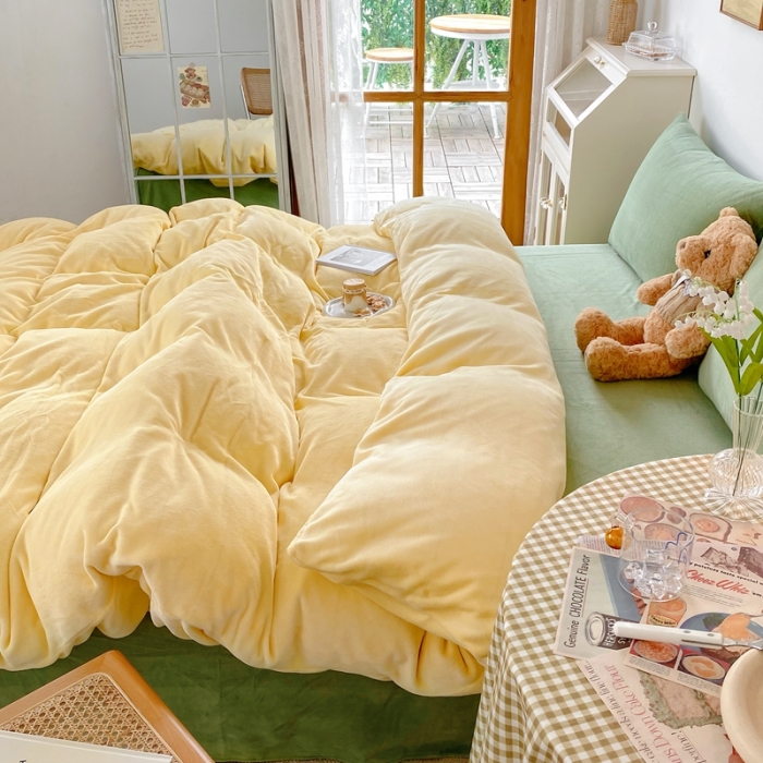 91家纺网 家纺一手货源 找家纺 星期八 2021新款马卡龙牛奶绒四件套 黄-绿