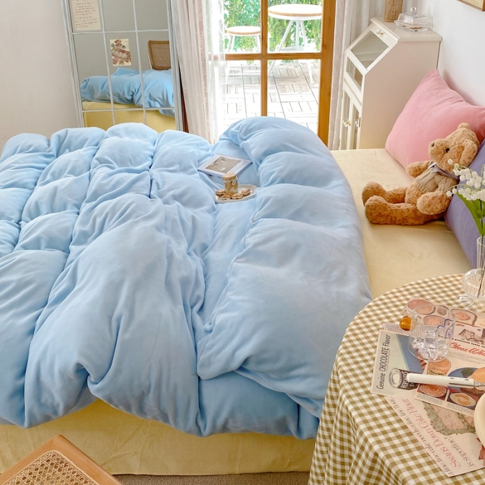 91家纺网 家纺一手货源 找家纺 星期八 2021新款马卡龙牛奶绒四件套 蓝-黄