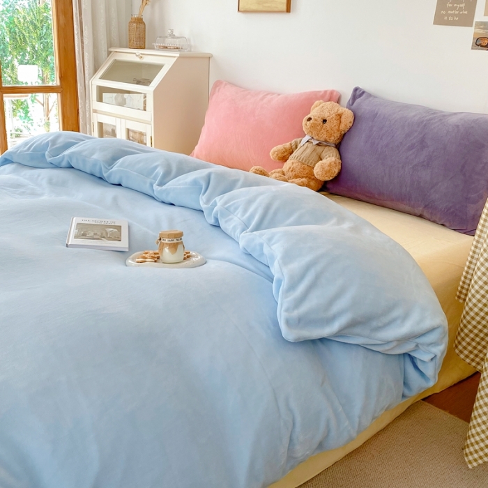 91家纺网 家纺一手货源 找家纺 星期八 2021新款马卡龙牛奶绒四件套 蓝-黄