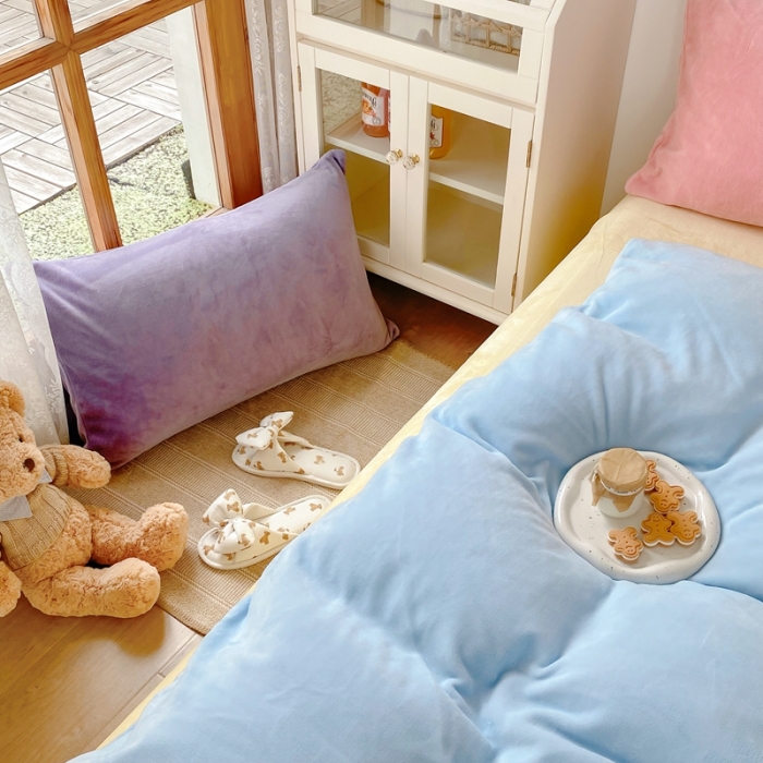 91家纺网 家纺一手货源 找家纺 星期八 2021新款马卡龙牛奶绒四件套 蓝-黄