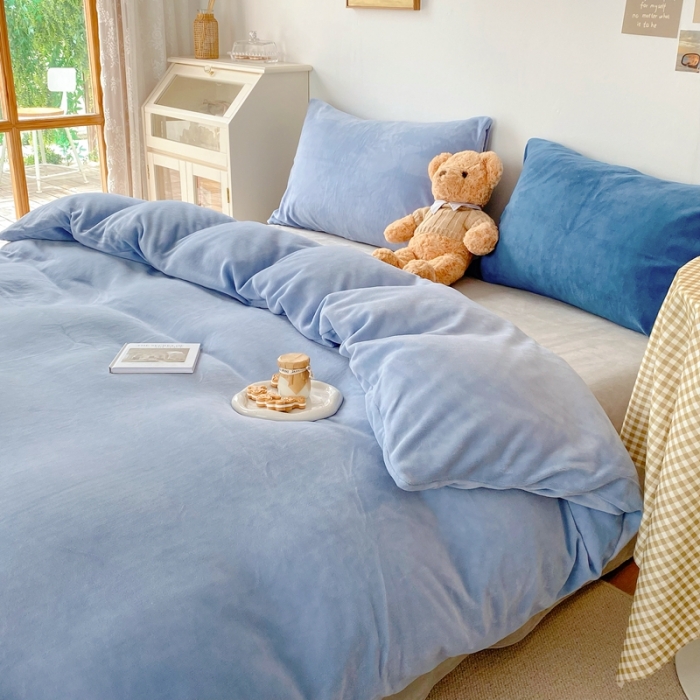 91家纺网 家纺一手货源 找家纺 星期八 2021新款马卡龙牛奶绒四件套 蓝-灰