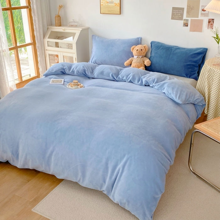 91家纺网 家纺一手货源 找家纺 星期八 2021新款马卡龙牛奶绒四件套 蓝-灰