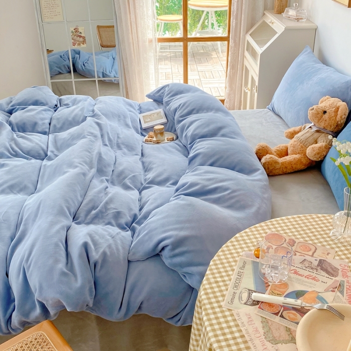 91家纺网 家纺一手货源 找家纺 星期八 2021新款马卡龙牛奶绒四件套 蓝-灰