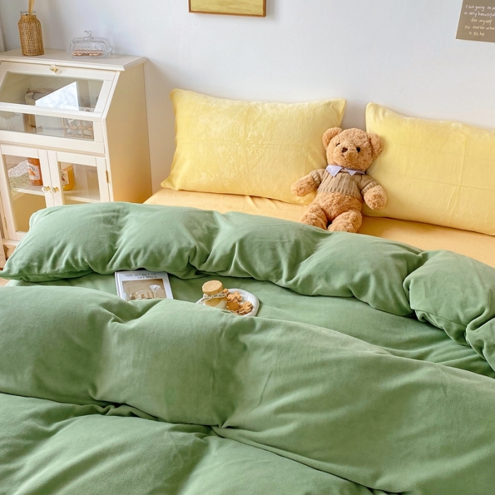 91家纺网 家纺一手货源 找家纺 星期八 2021新款马卡龙牛奶绒四件套 绿-黄