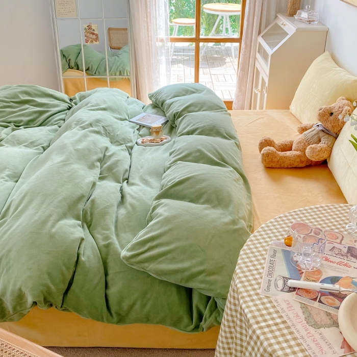 91家纺网 家纺一手货源 找家纺 星期八 2021新款马卡龙牛奶绒四件套 绿-黄