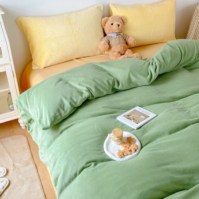 91家纺网 家纺一手货源 找家纺 星期八 2021新款马卡龙牛奶绒四件套 绿-黄