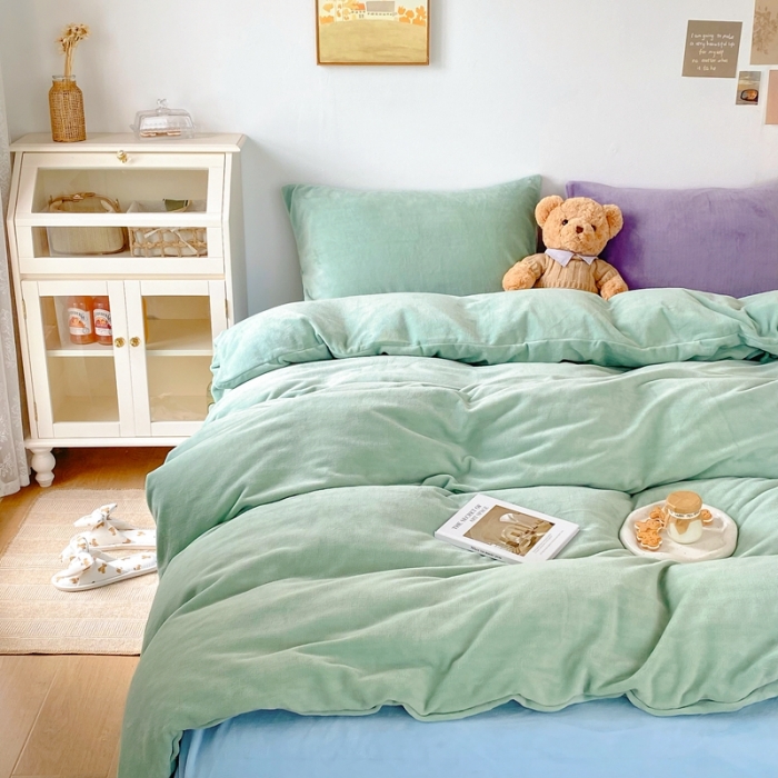 91家纺网 家纺一手货源 找家纺 星期八 2021新款马卡龙牛奶绒四件套 绿-蓝