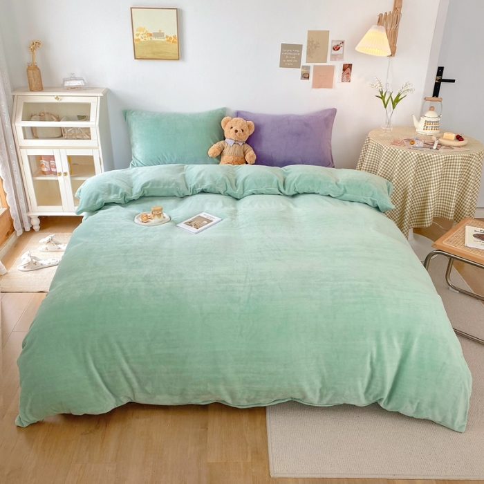 91家纺网 家纺一手货源 找家纺 星期八 2021新款马卡龙牛奶绒四件套 绿-蓝