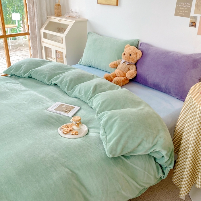 91家纺网 家纺一手货源 找家纺 星期八 2021新款马卡龙牛奶绒四件套 绿-蓝