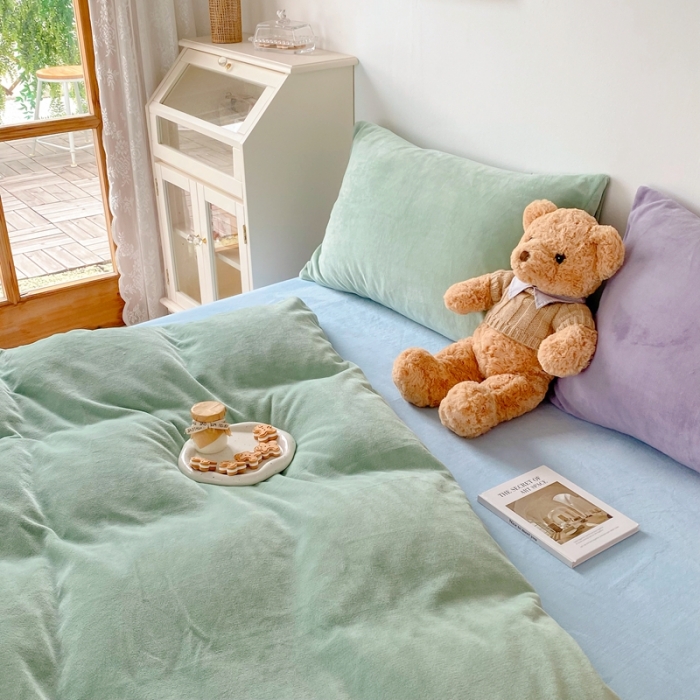 91家纺网 家纺一手货源 找家纺 星期八 2021新款马卡龙牛奶绒四件套 绿-蓝