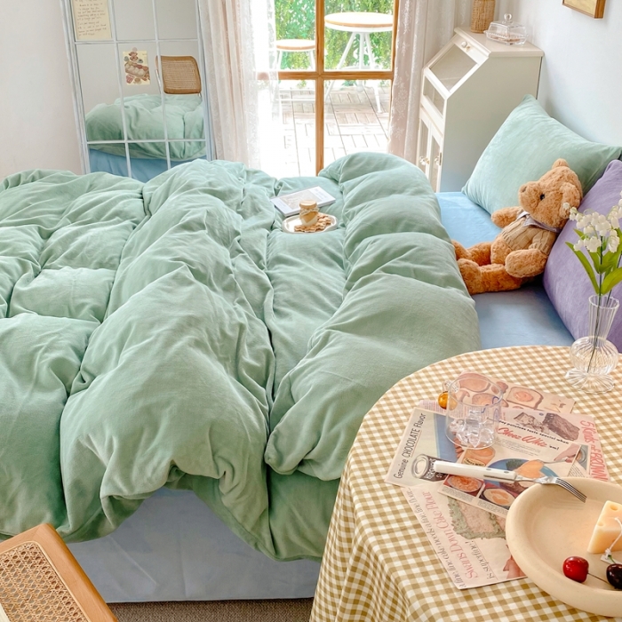 91家纺网 家纺一手货源 找家纺 星期八 2021新款马卡龙牛奶绒四件套 绿-蓝