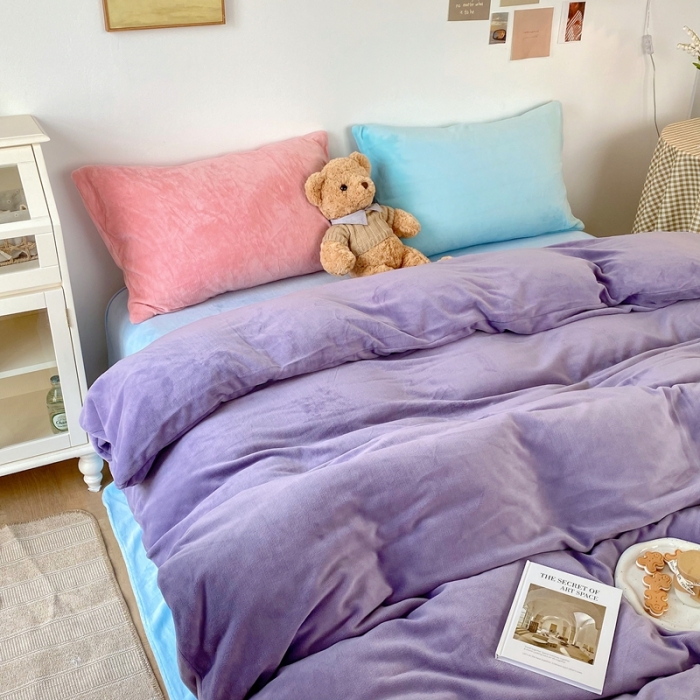 91家纺网 家纺一手货源 找家纺 星期八 2021新款马卡龙牛奶绒四件套 紫-蓝