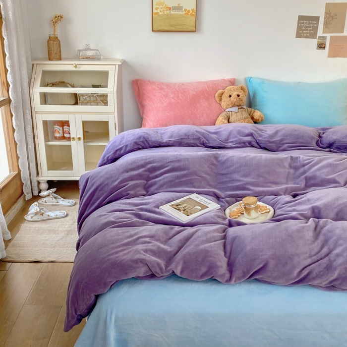 91家纺网 家纺一手货源 找家纺 星期八 2021新款马卡龙牛奶绒四件套 紫-蓝