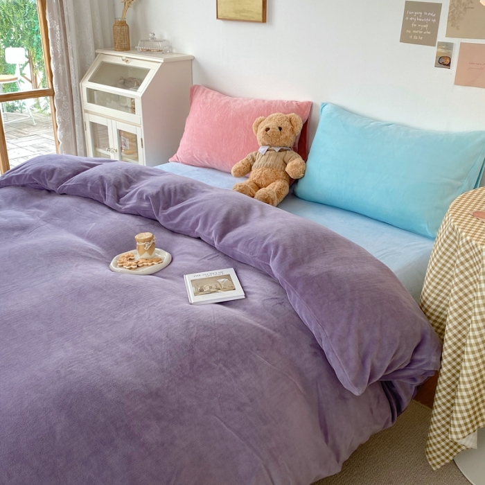 91家纺网 家纺一手货源 找家纺 星期八 2021新款马卡龙牛奶绒四件套 紫-蓝